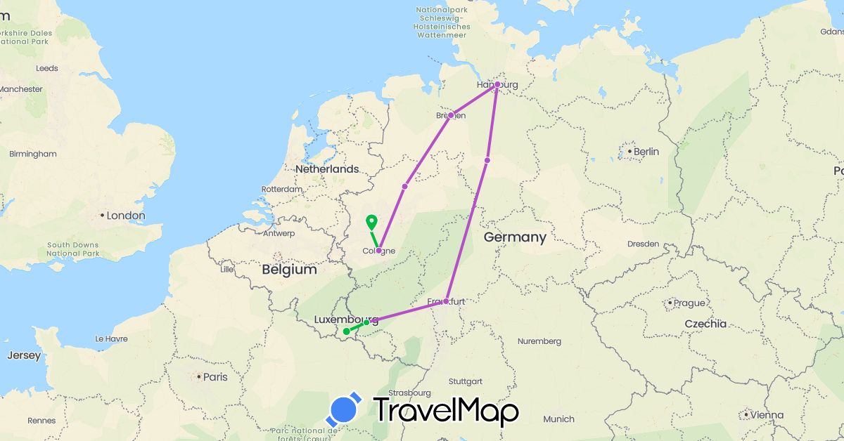 TravelMap itinerary: driving, bus, train in Germany, Luxembourg (Europe)